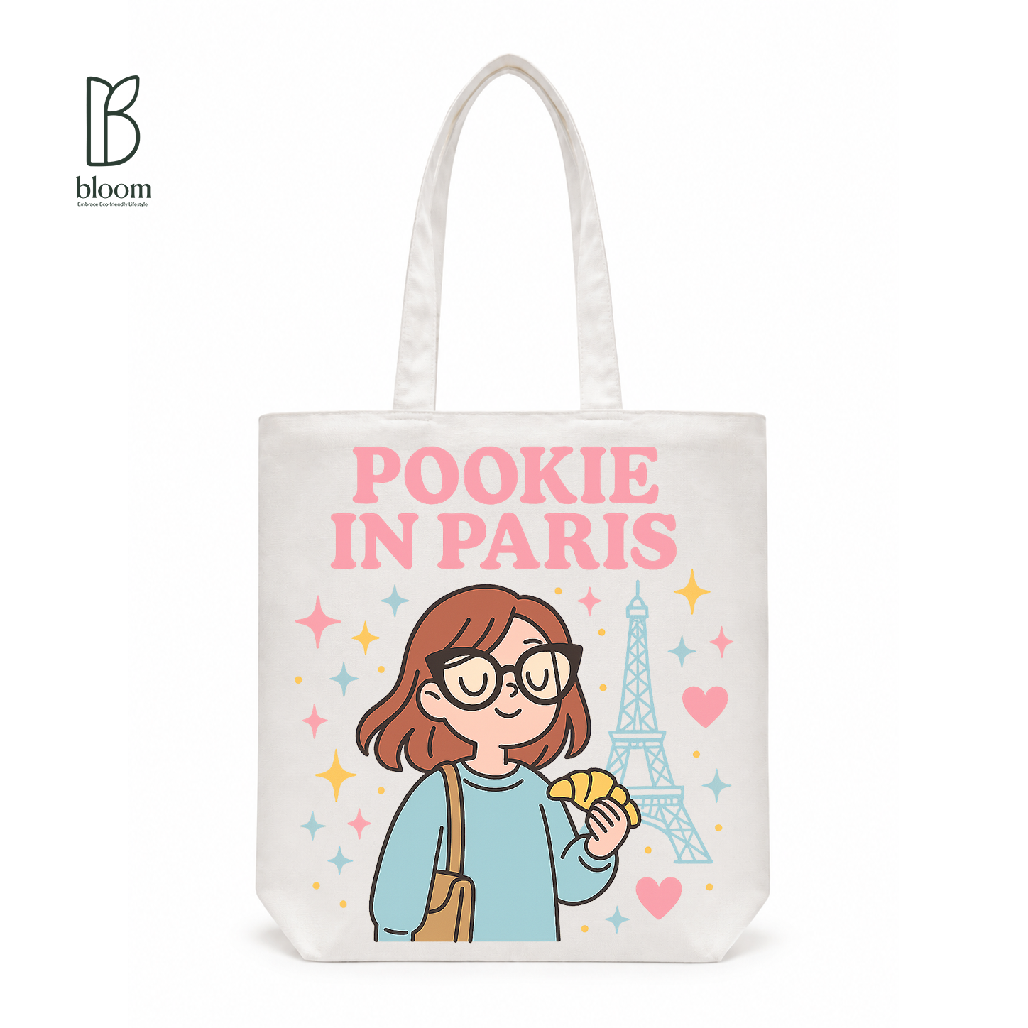 Pookie in Paris canvas tote bag - Regular size, White, front view