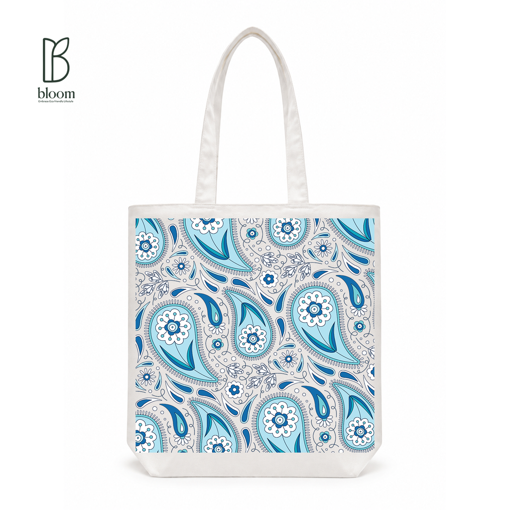 Indigo Paisley canvas tote bag - Regular White | Bloom Bags BD