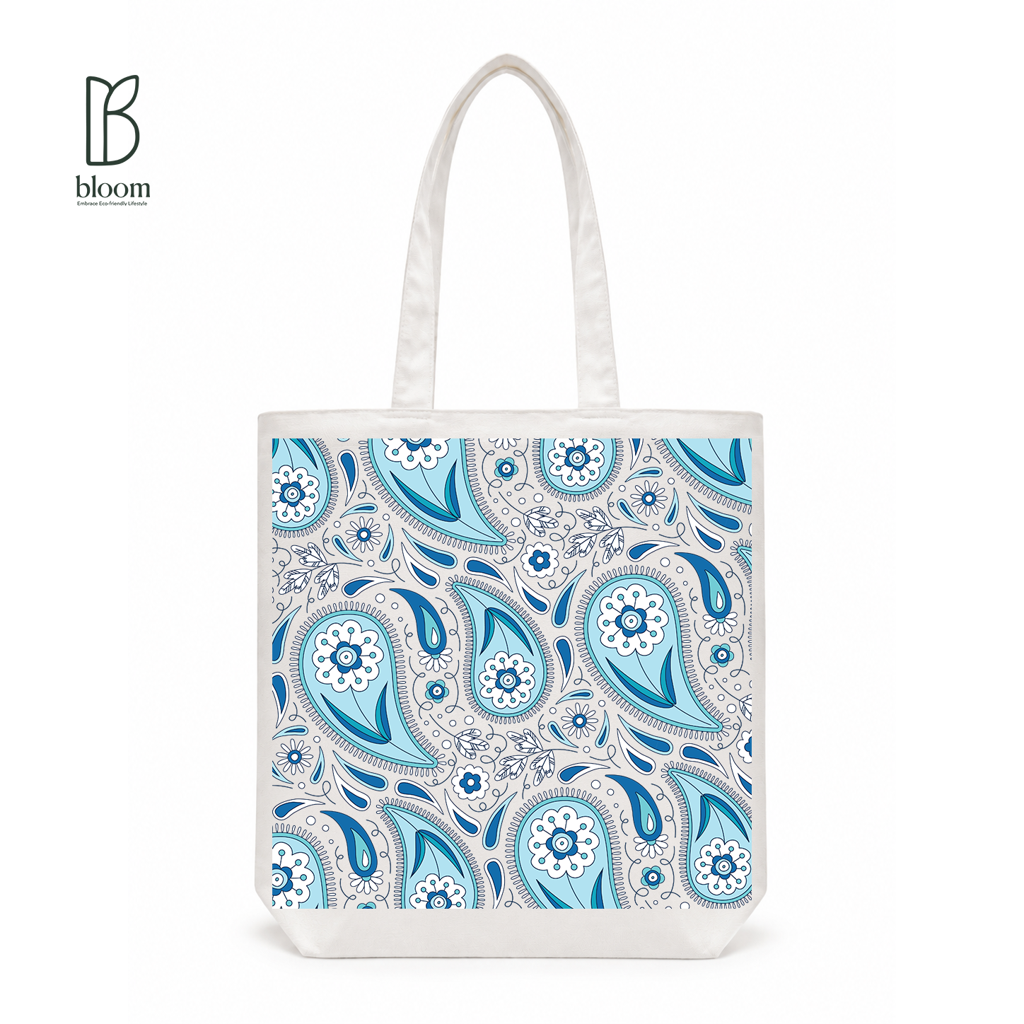 Indigo Paisley canvas tote bag - Regular White | Bloom Bags BD