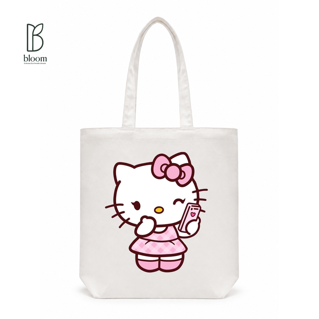 Kitty Selfie Moment Canvas Tote Bag - Regular White | Bloom Bags BD