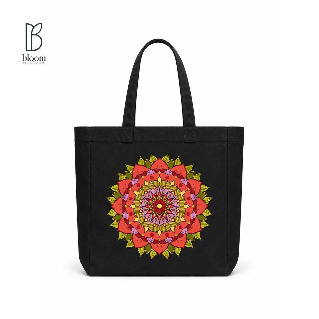 Crimson Petal Mandala Canvas Tote Bag - Square Black | Bloom Bags BD