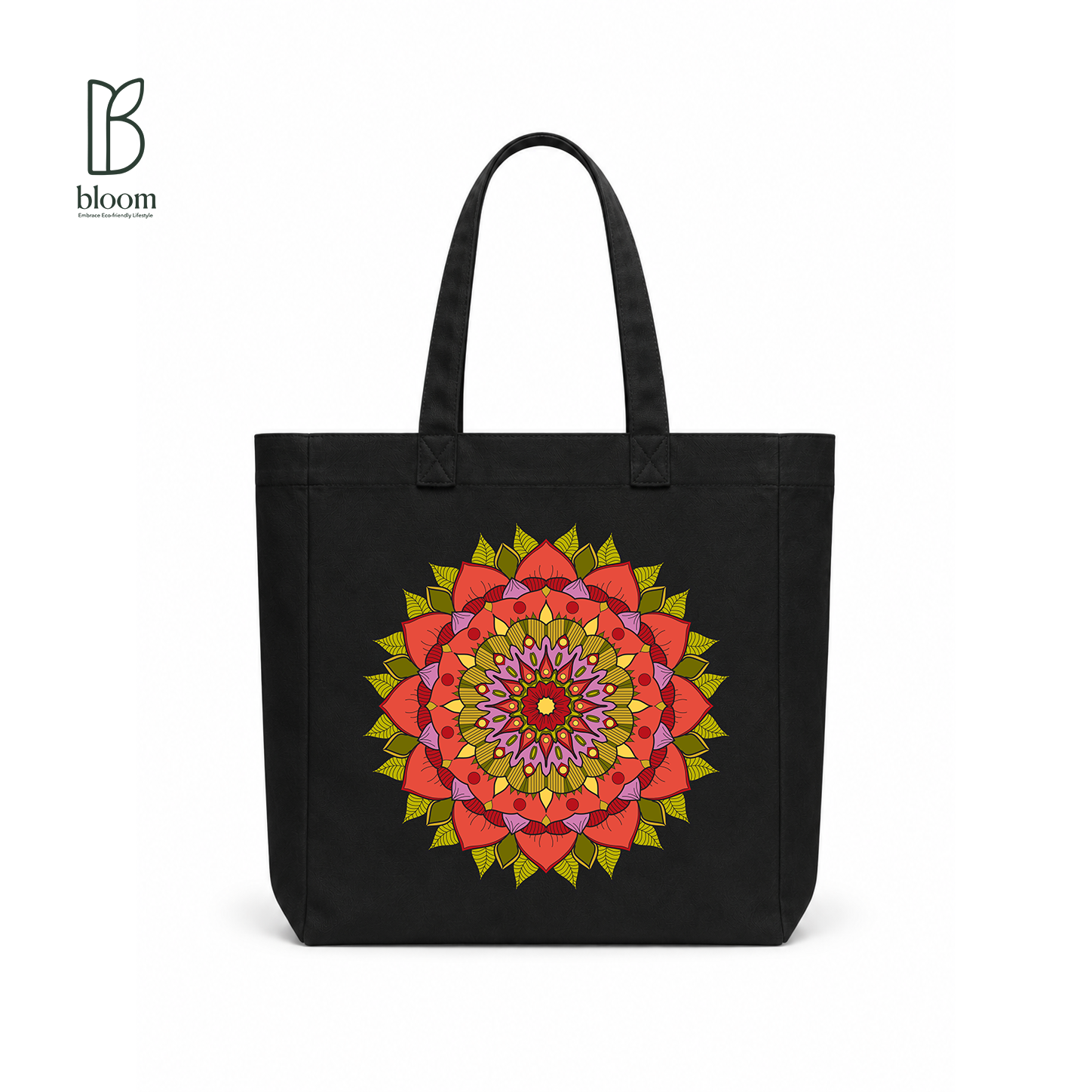 Crimson Petal Mandala Canvas Tote Bag - Square Black | Bloom Bags BD