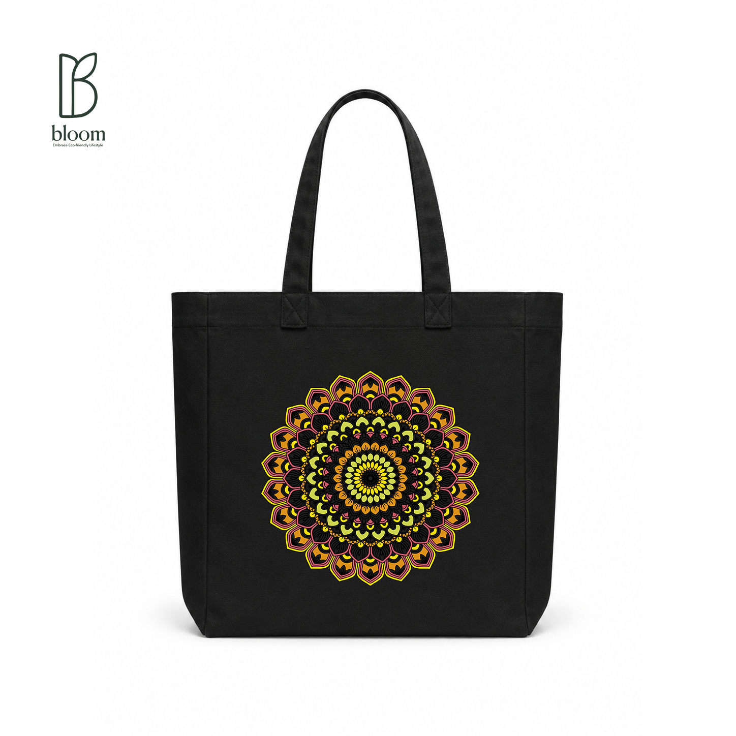 Golden Bloom Mandala Canvas Tote Bag - Square Black | Bloom Bags BD