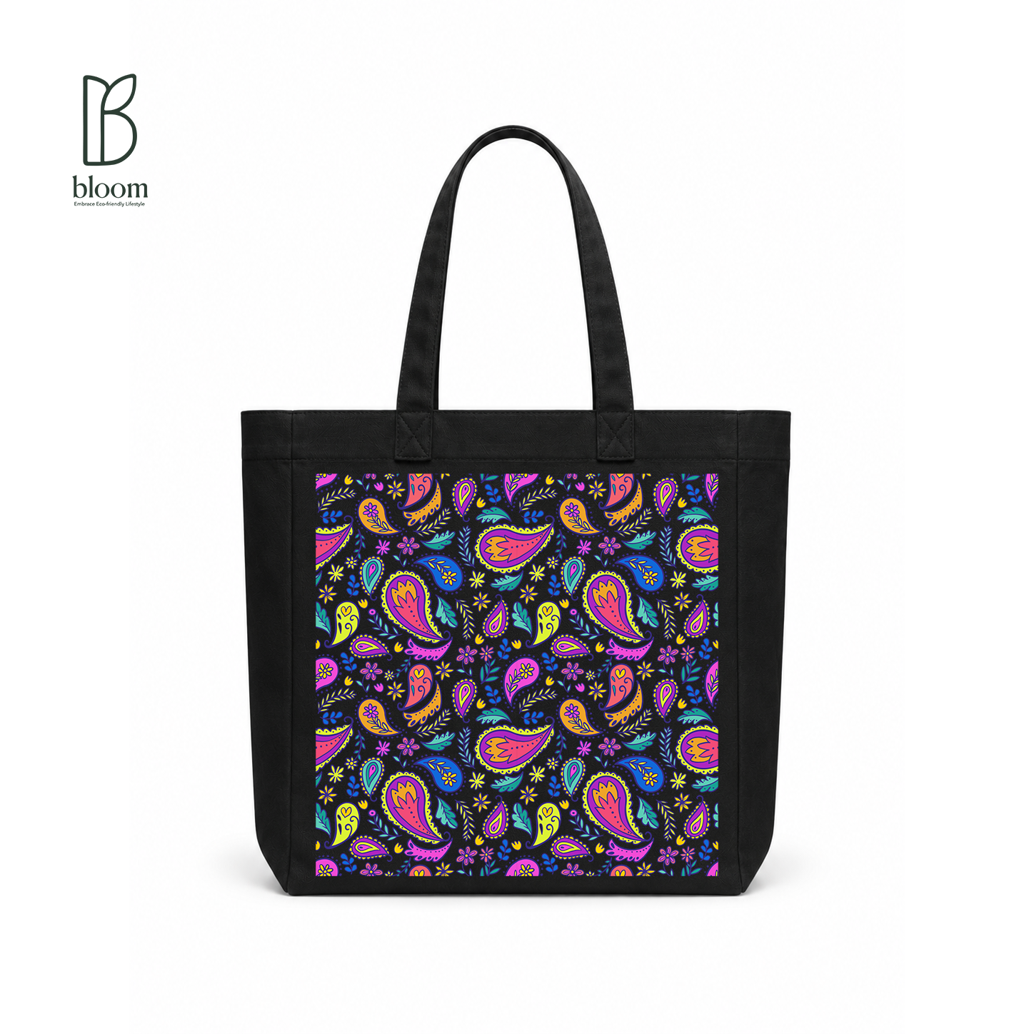 Neon Paisley Garden Canvas Tote Bag - Square Black | Bloom Bags BD