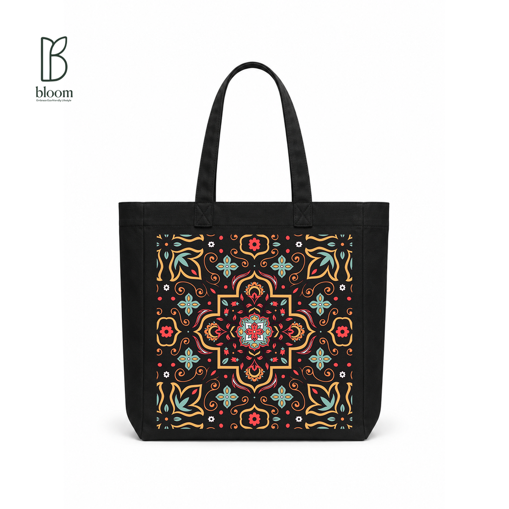 Moroccan Tile Bloom Canvas Tote Bag - Square Black | Bloom Bags BD