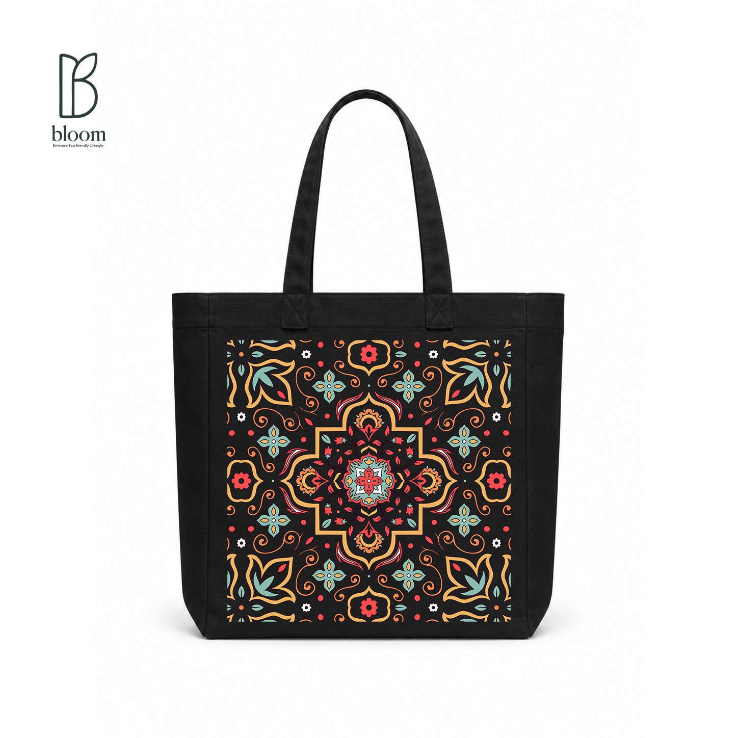 Moroccan Tile Bloom Canvas Tote Bag - Square Black | Bloom Bags BD