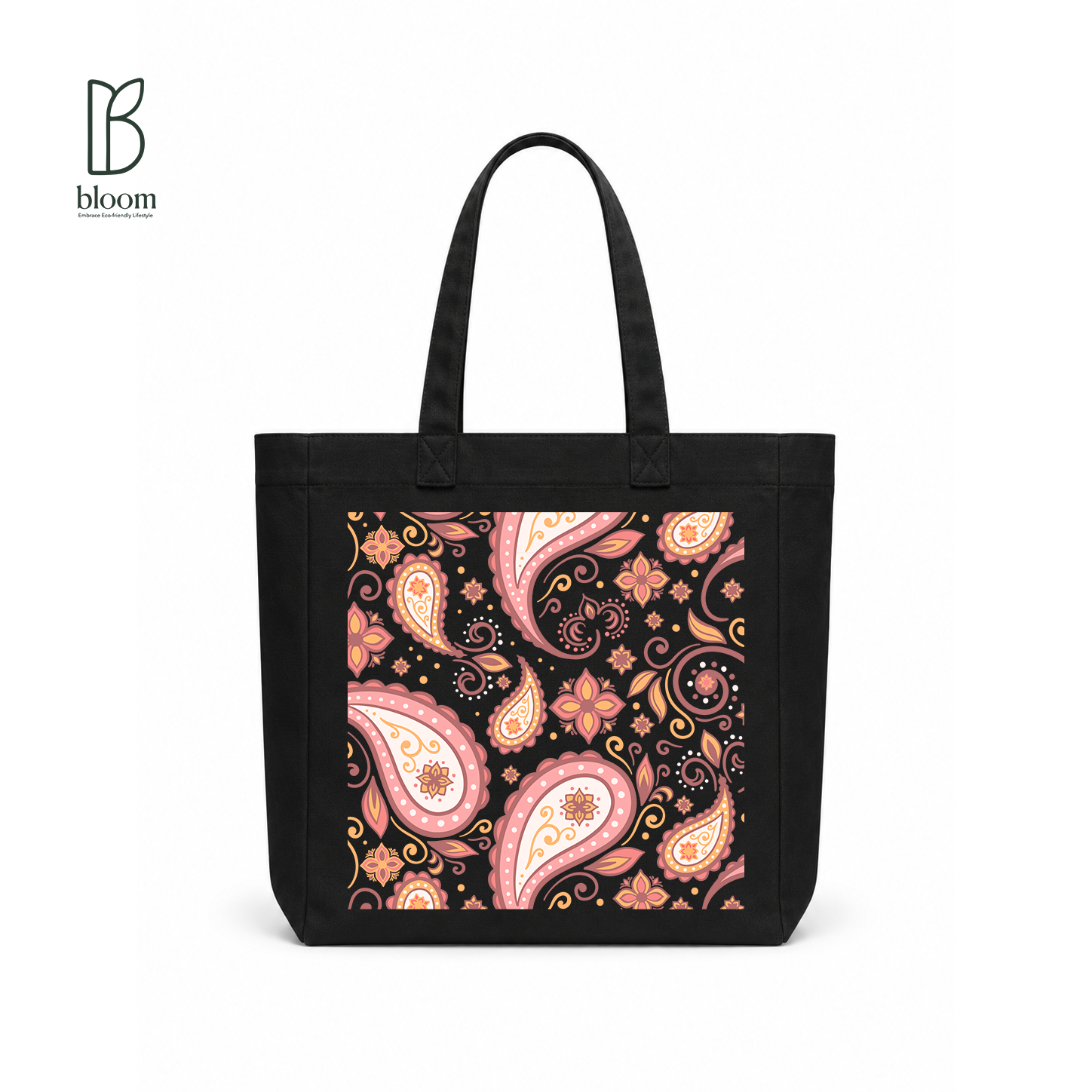 Blush Paisley Whisper Canvas Tote Bag - Square Black | Bloom Bags BD