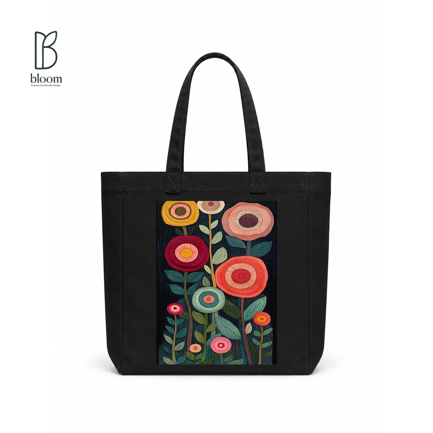 Embroidered Flower Garden Canvas Tote Bag - Square Black | Bloom Bags BD