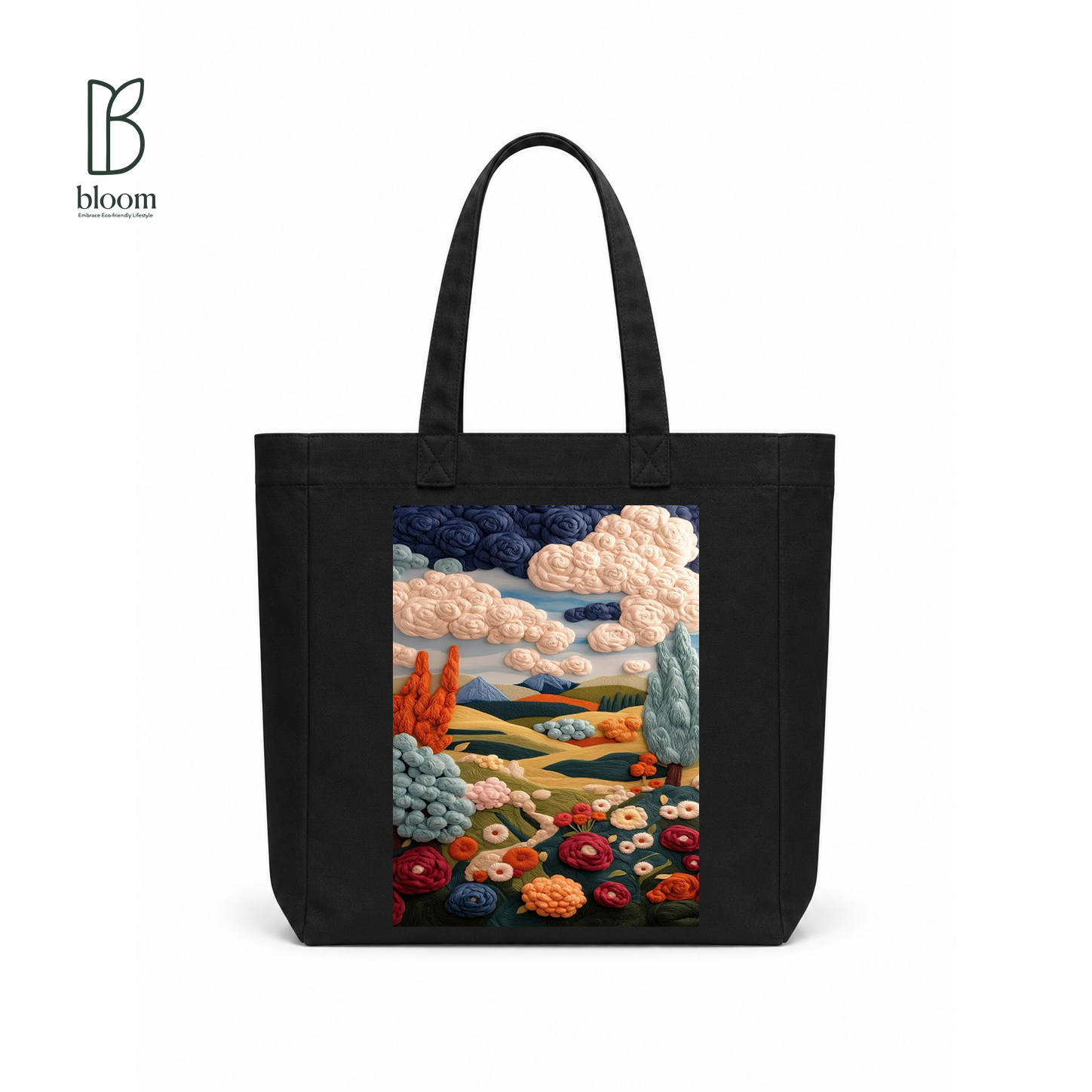 Embroidered Valley Bloom Canvas Tote Bag - Square Black | Bloom Bags BD
