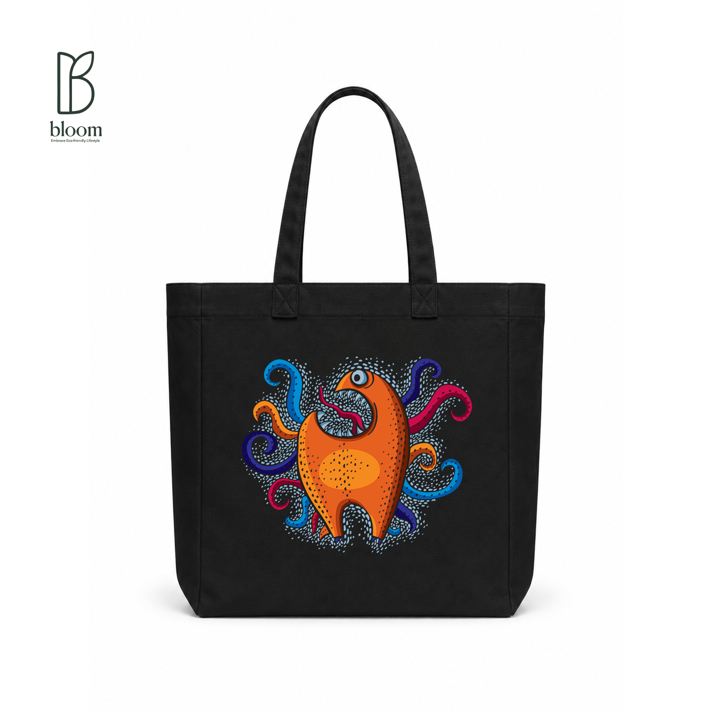 Whimsical Sea Creature Canvas Tote Bag - Square Black | Bloom Bags BD