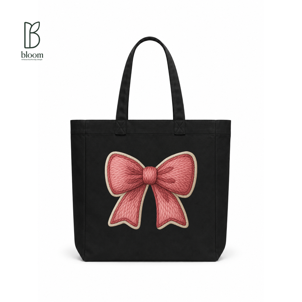 Red Ribbon Bow Canvas Tote Bag - Square Black | Bloom Bags BD