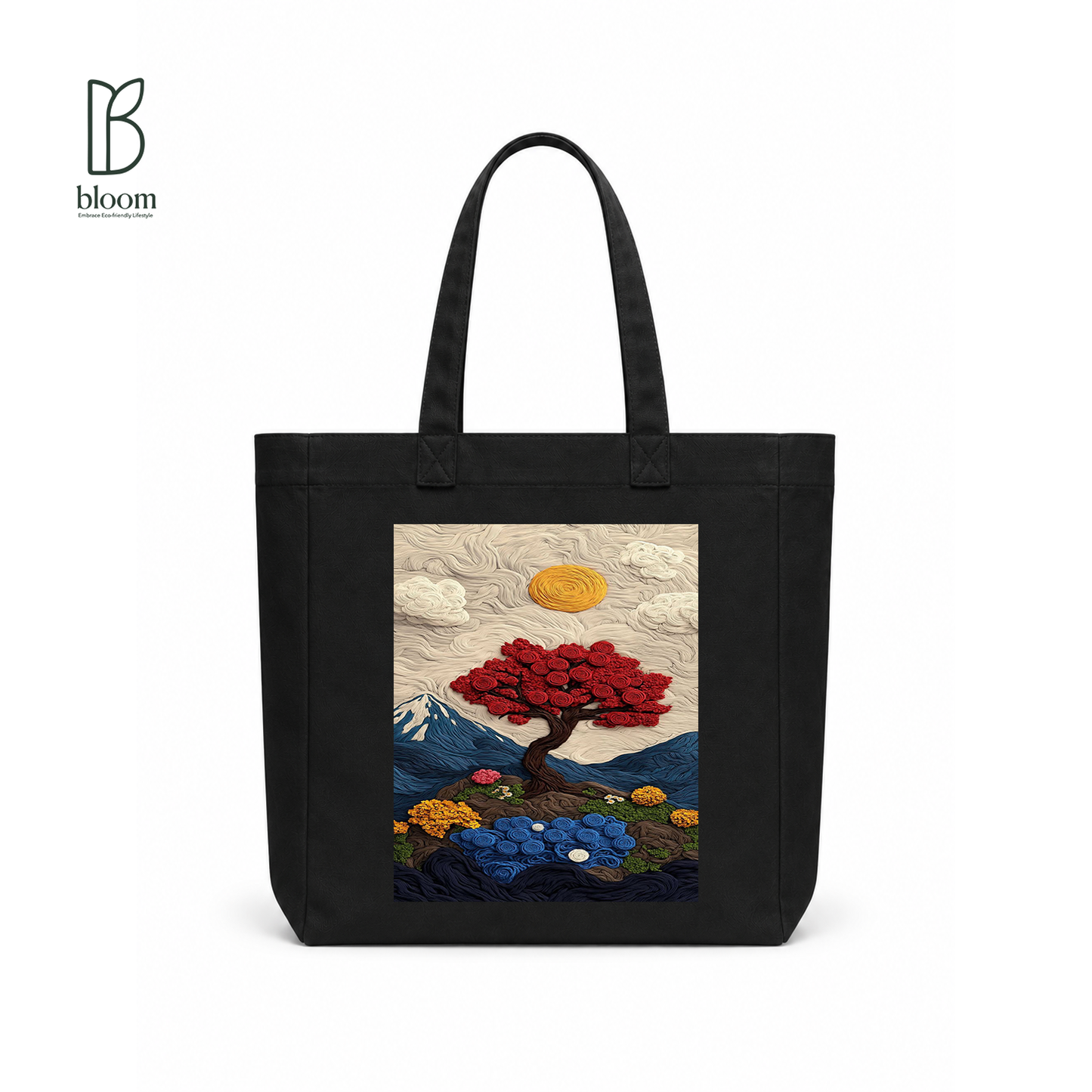 Crimson Bonsai canvas tote bag - Square Black | Bloom Bags BD