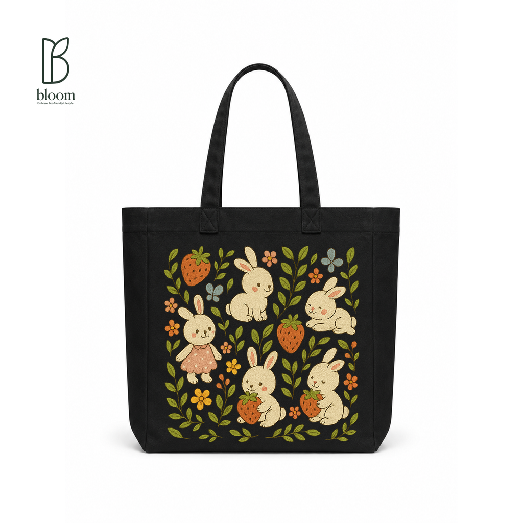 Bunny & Strawberry Meadow Canvas Tote Bag - Square Black | Bloom Bags BD
