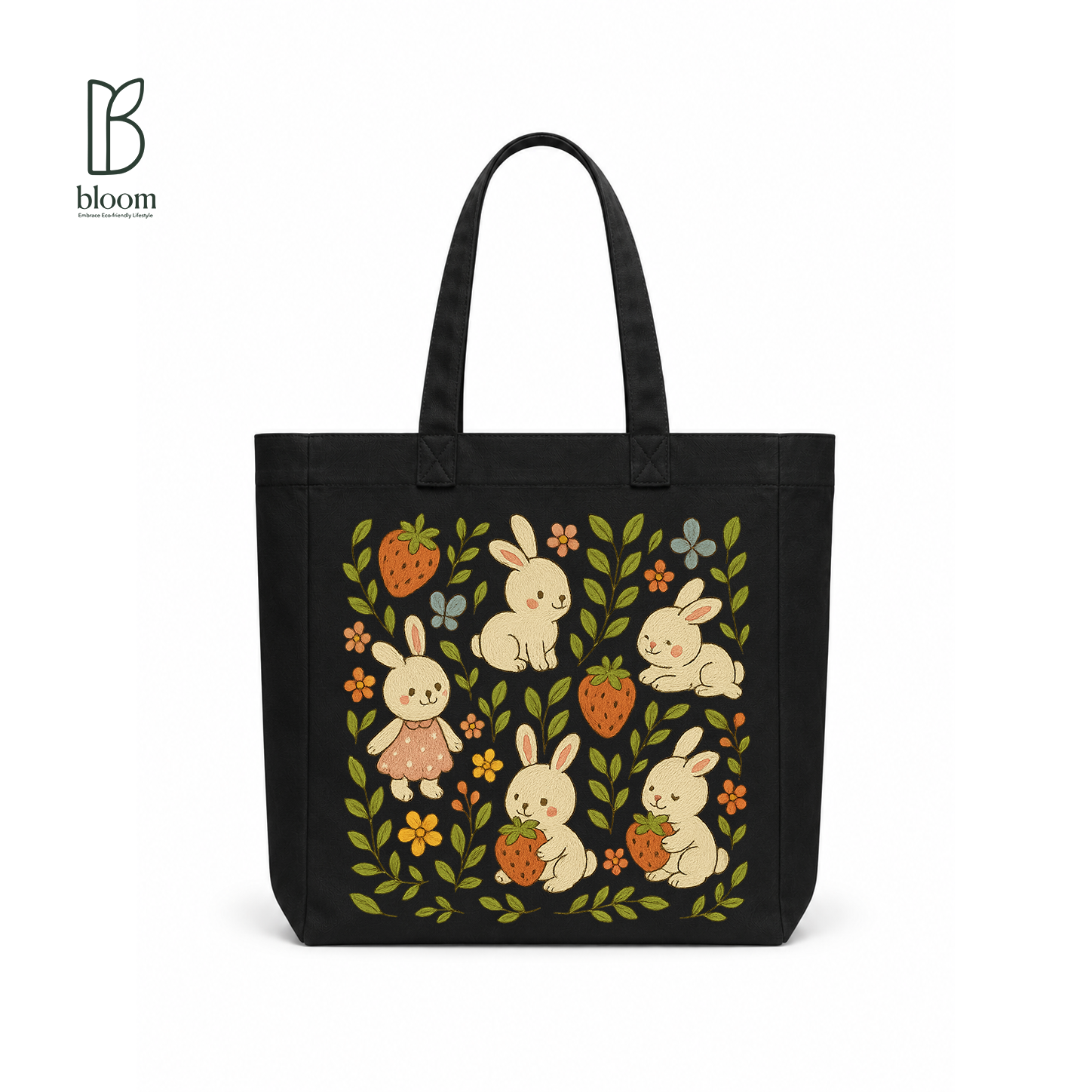 Bunny & Strawberry Meadow Canvas Tote Bag - Square Black | Bloom Bags BD