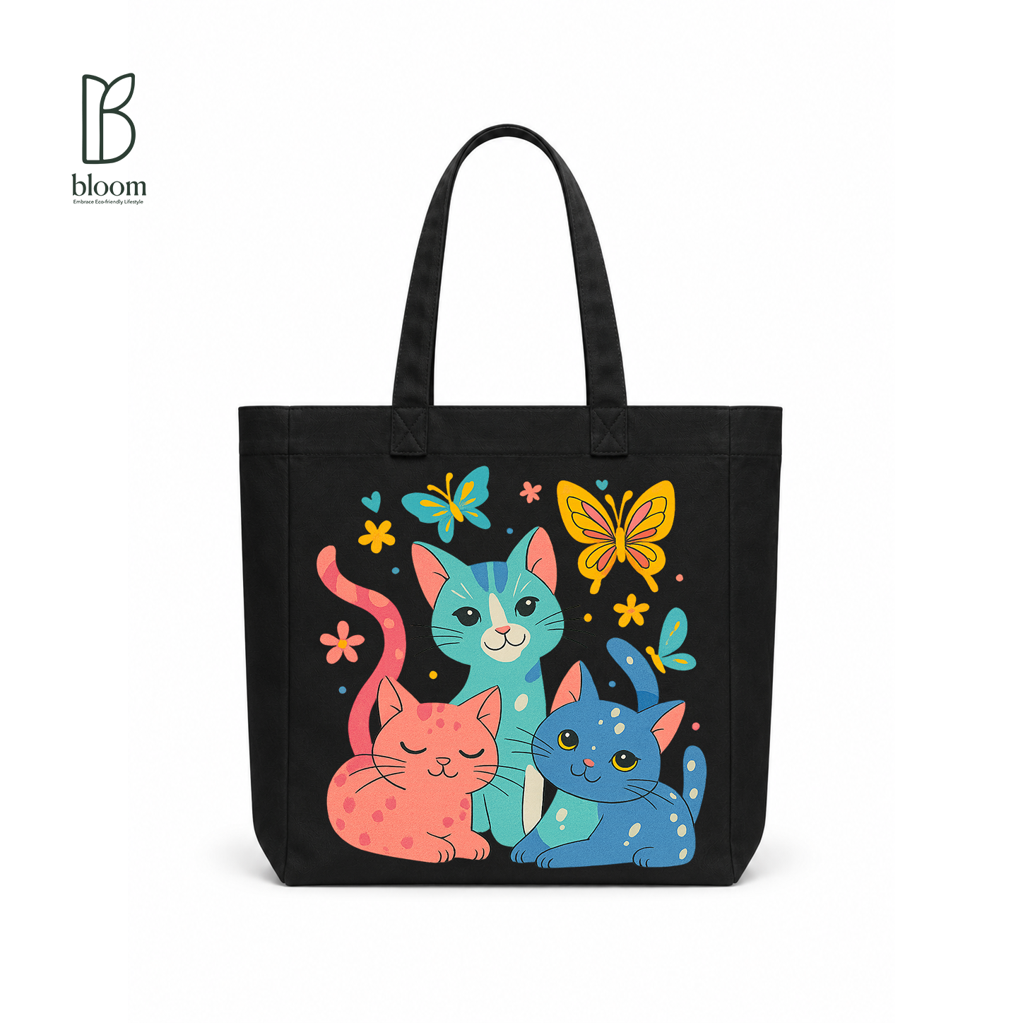 Three Kitties & Butterflies Canvas Tote Bag - Square Black | Bloom Bags BD