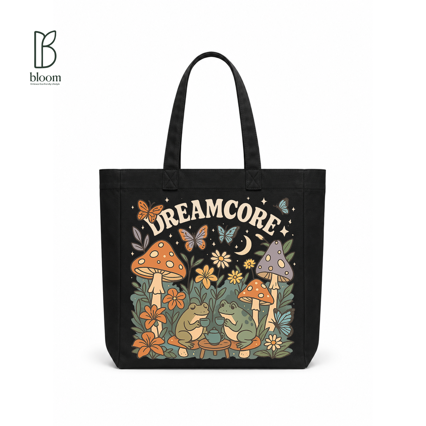 Dreamcore Frog Tea Party Canvas Tote Bag - Square Black | Bloom Bags BD