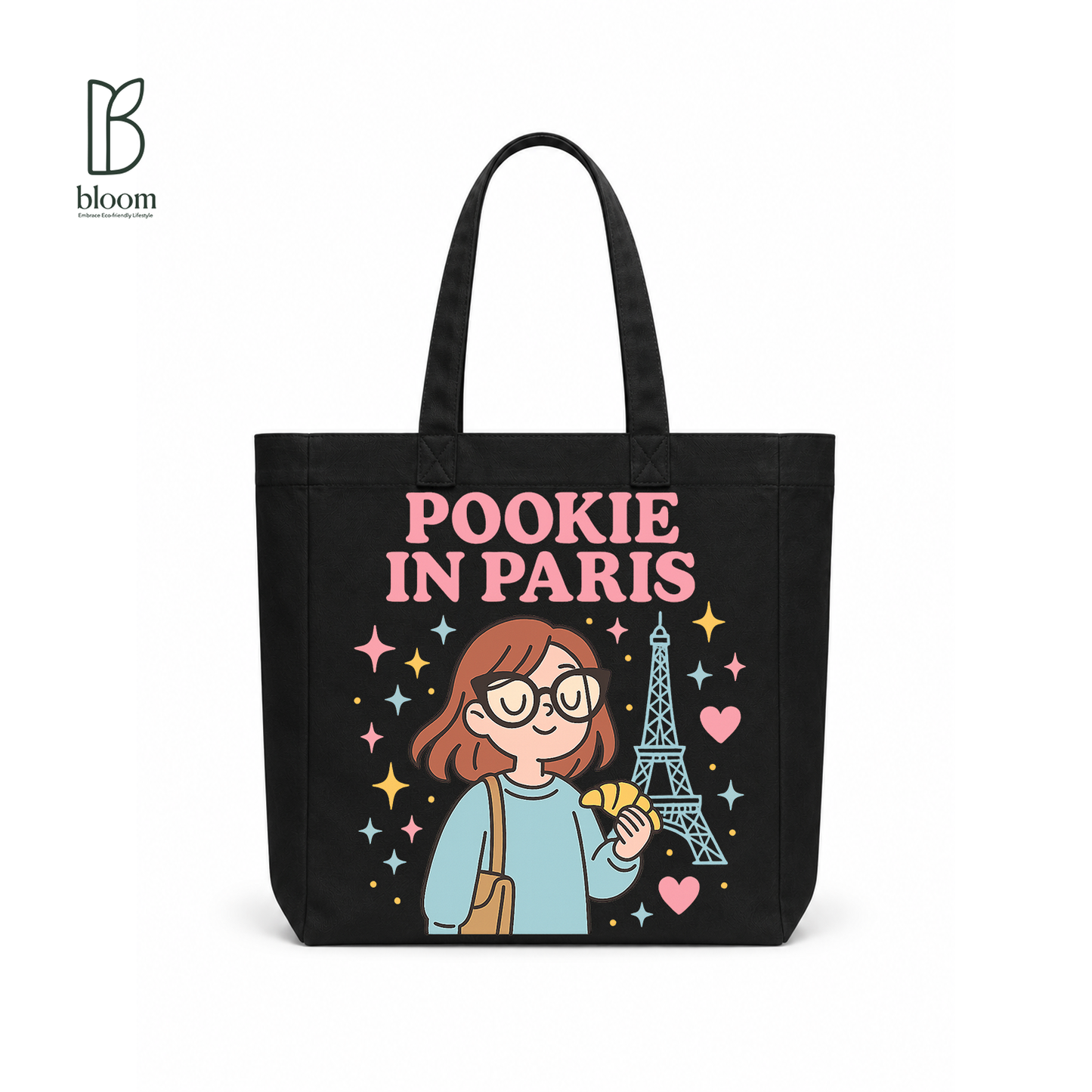 Pookie in Paris canvas tote bag - Square size, Black, front view