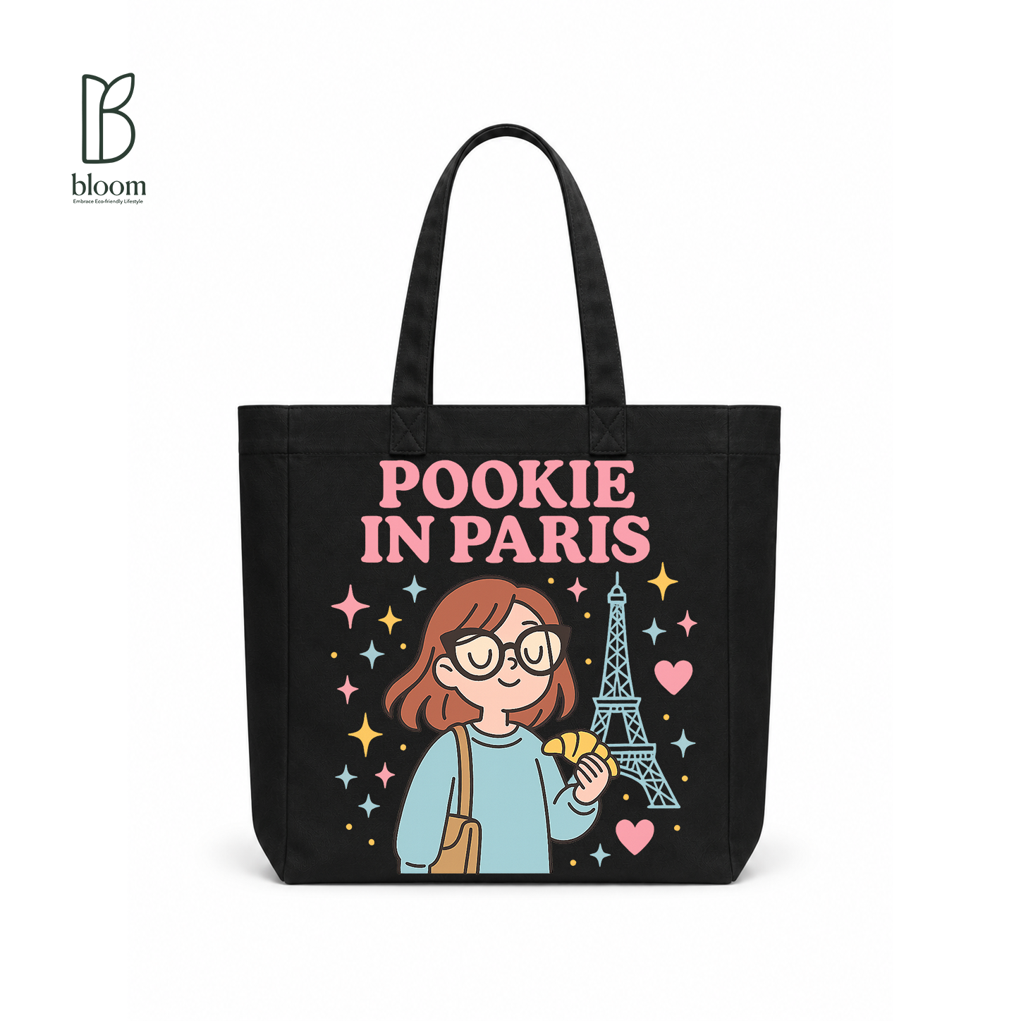 Pookie in Paris canvas tote bag - Square size, Black, front view