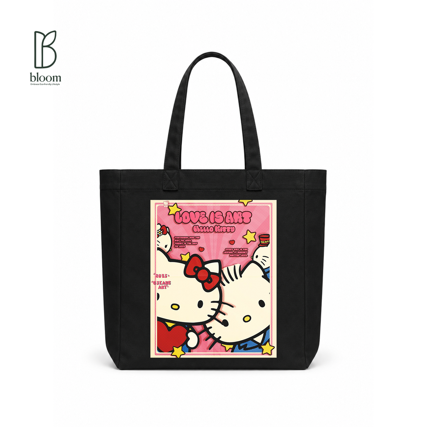 Hello Kitty Love Is Art canvas tote bag - Square size, Black, front view
