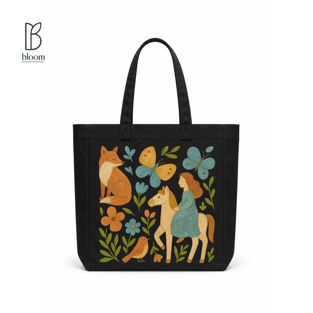 Fox & Rider Storybook canvas tote bag - Square Black | Bloom Bags BD