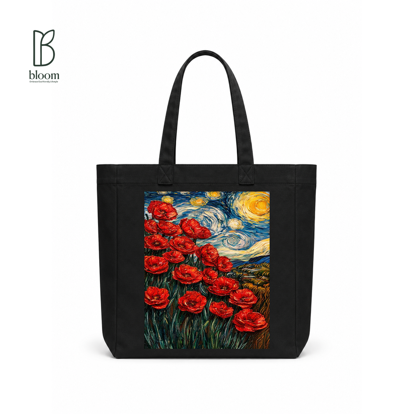 Starlit Poppies canvas tote bag - Square Black | Bloom Bags BD