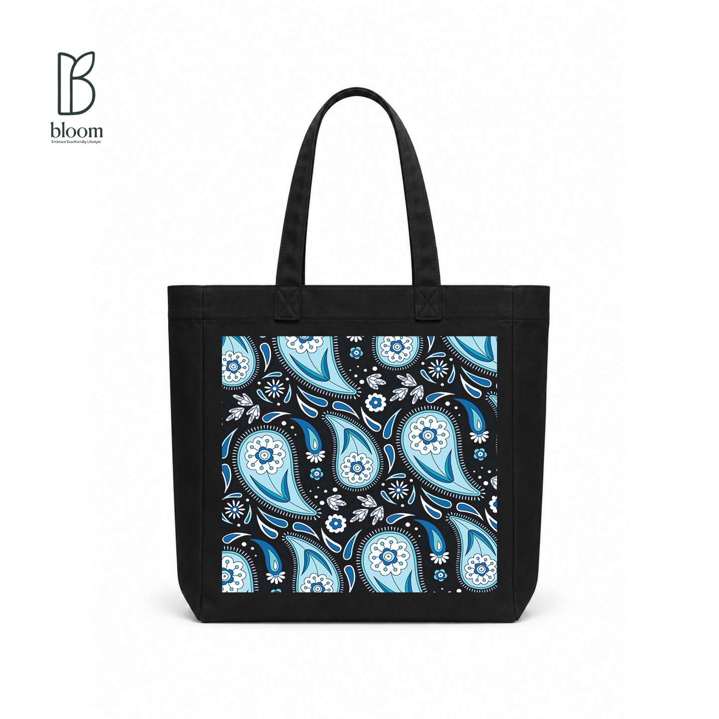 Indigo Paisley canvas tote bag - Square Black | Bloom Bags BD