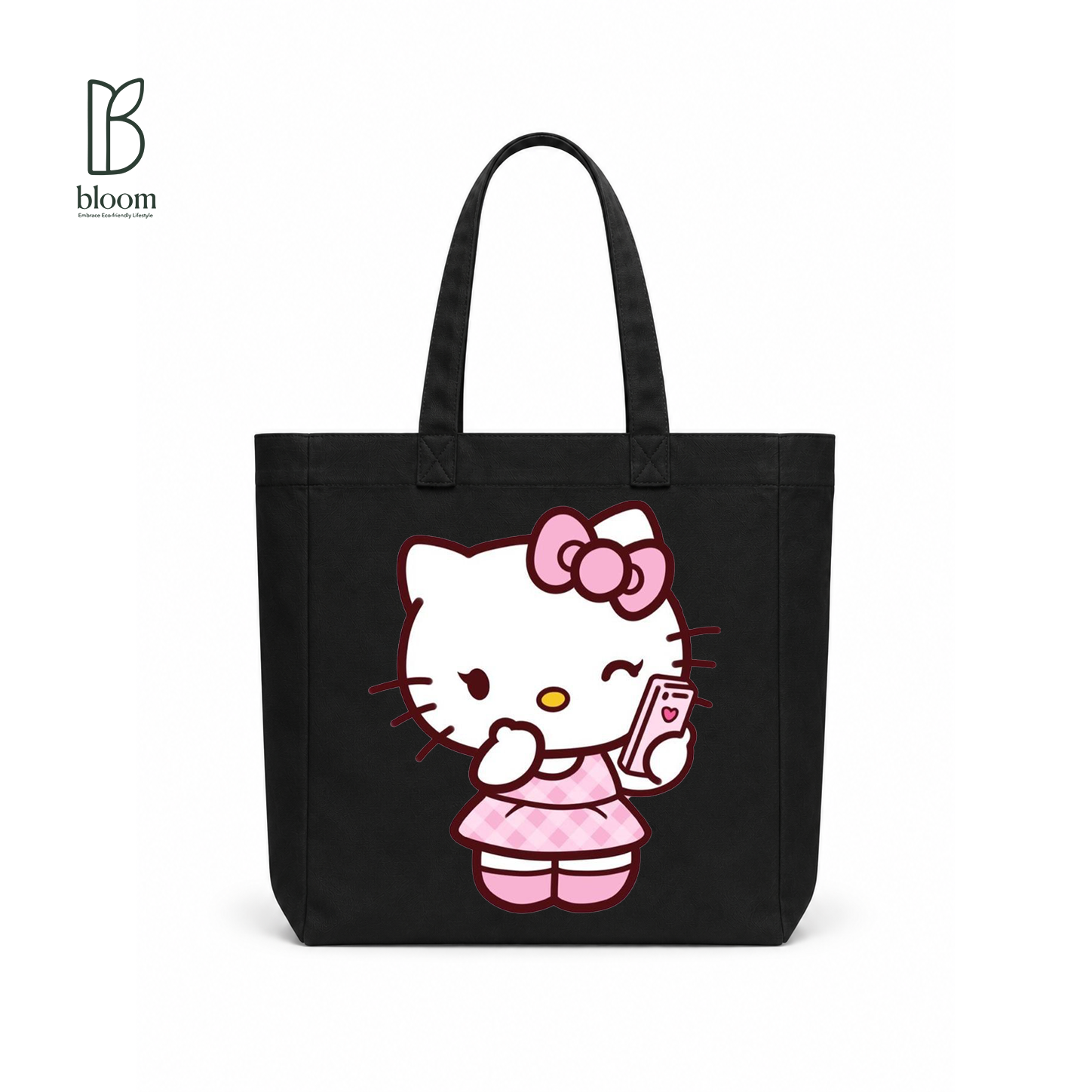 Kitty Selfie Moment Canvas Tote Bag - Square Black | Bloom Bags BD