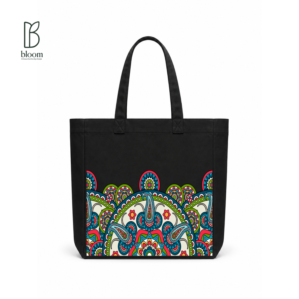 Sunburst Paisley Bloom Canvas Tote Bag - Square Black | Bloom Bags BD