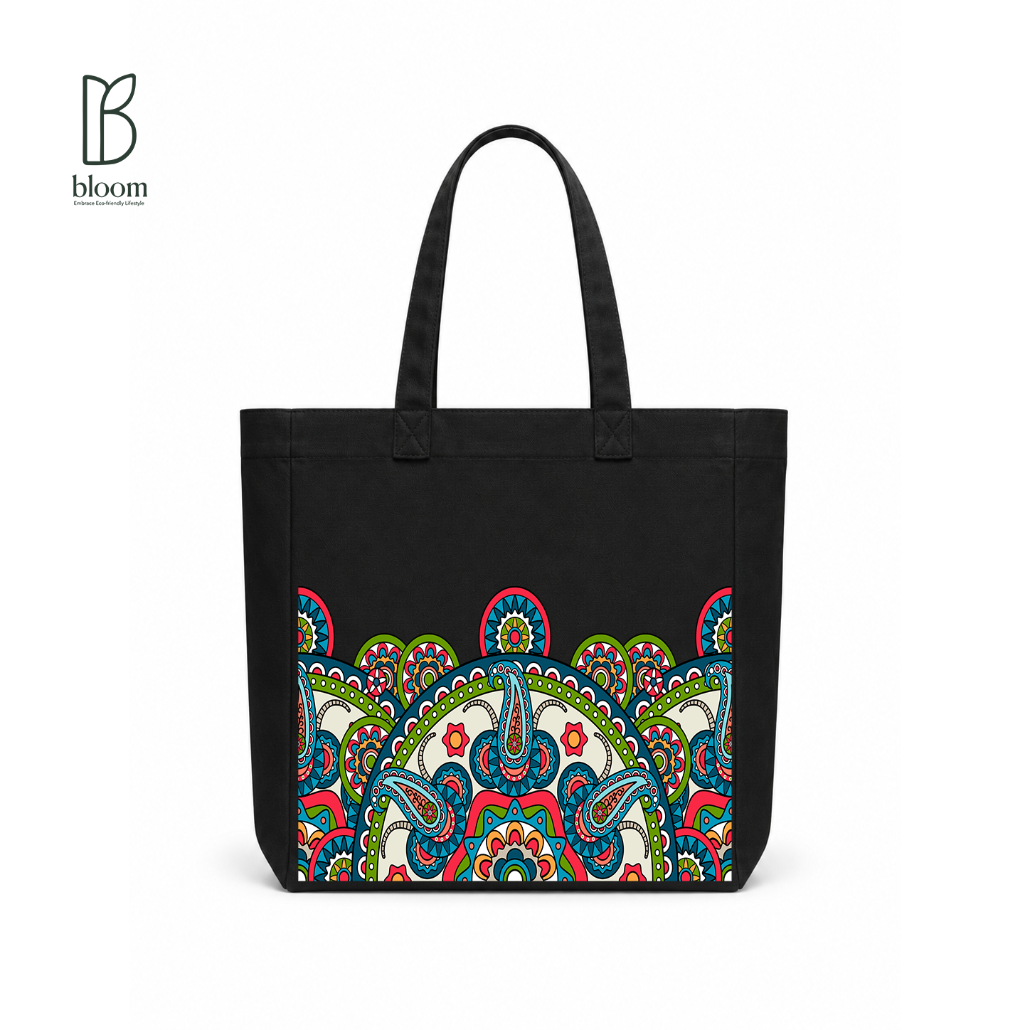 Sunburst Paisley Bloom Canvas Tote Bag - Square Black | Bloom Bags BD