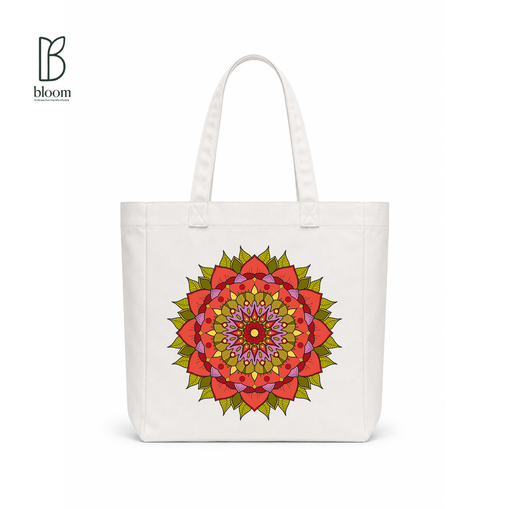 Crimson Petal Mandala Canvas Tote Bag - Square White | Bloom Bags BD