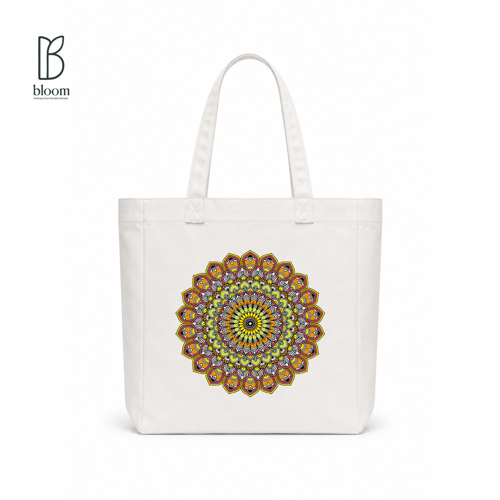 Golden Bloom Mandala Canvas Tote Bag - Square White | Bloom Bags BD