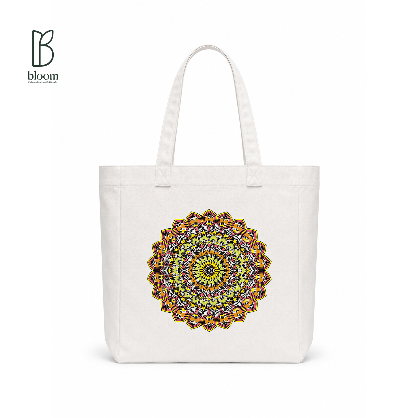 Golden Bloom Mandala Canvas Tote Bag - Square White | Bloom Bags BD