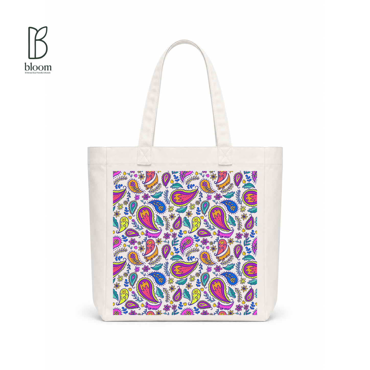 Neon Paisley Garden Canvas Tote Bag - Square White | Bloom Bags BD