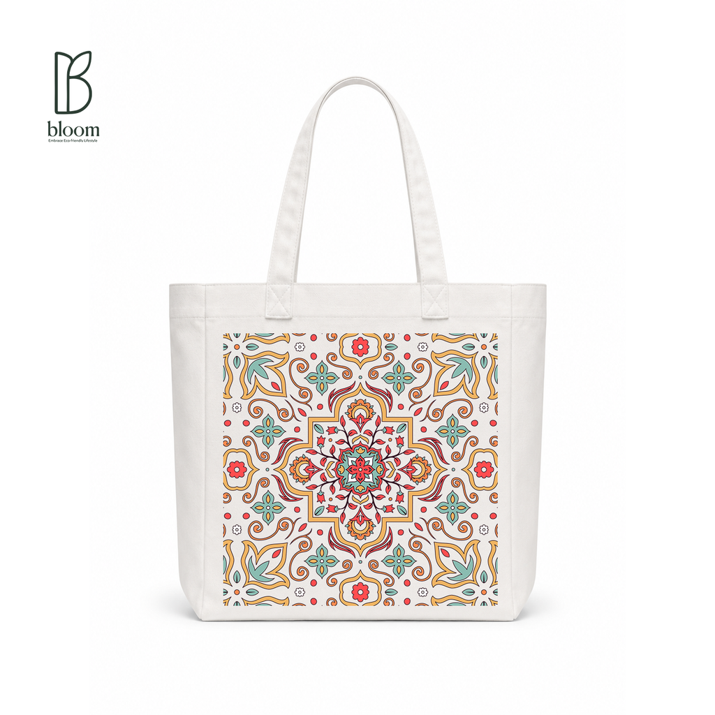 Moroccan Tile Bloom Canvas Tote Bag - Square White | Bloom Bags BD