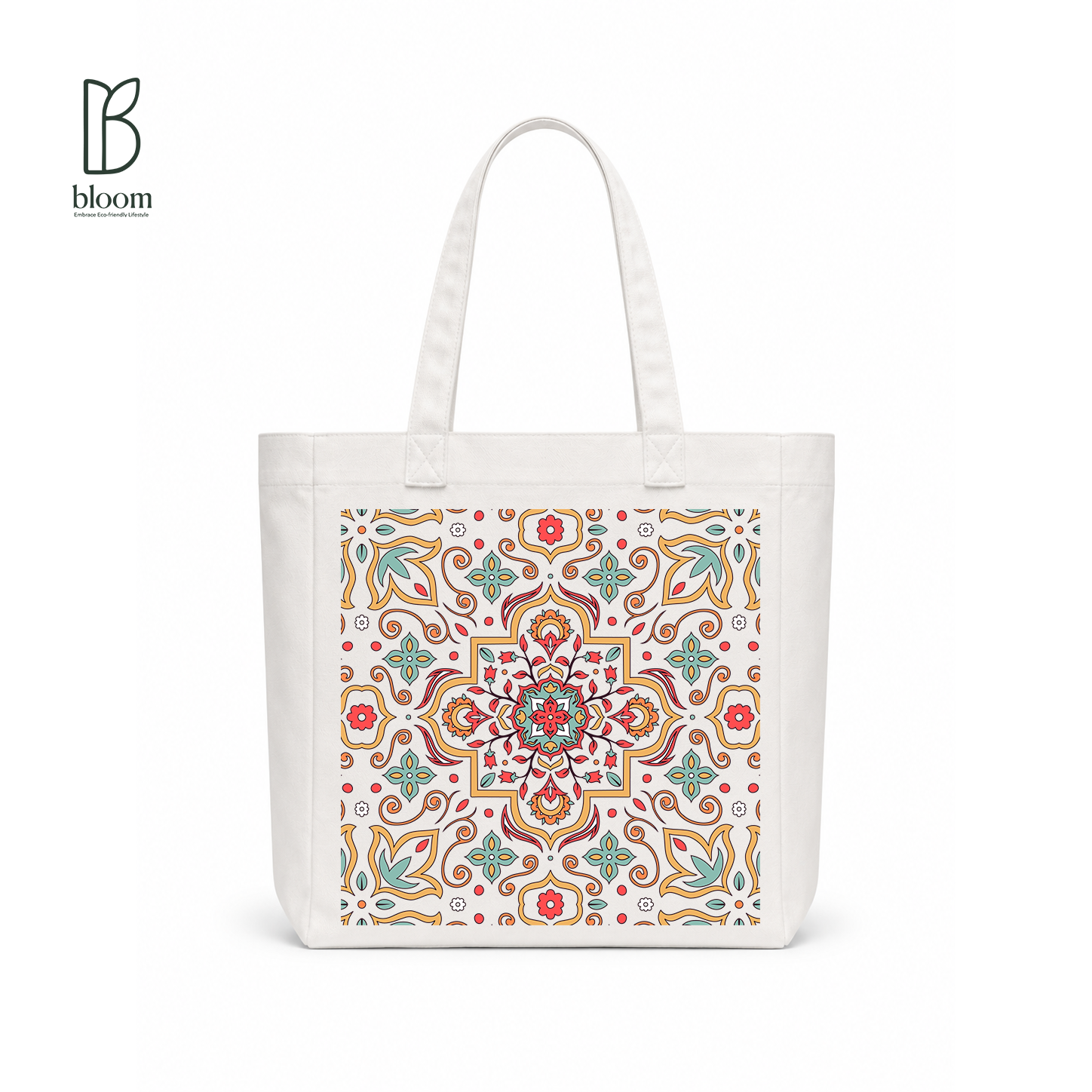 Moroccan Tile Bloom Canvas Tote Bag - Square White | Bloom Bags BD