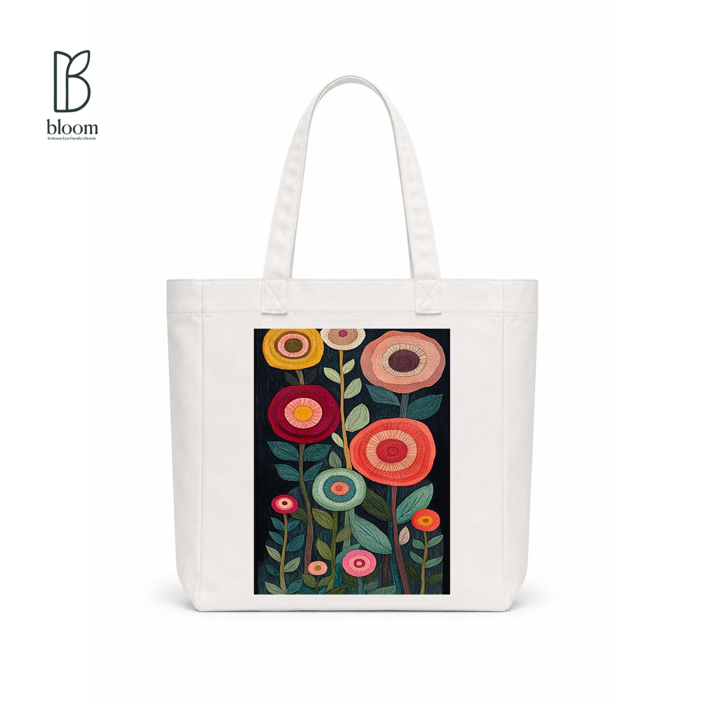 Embroidered Flower Garden Canvas Tote Bag - Square White | Bloom Bags BD