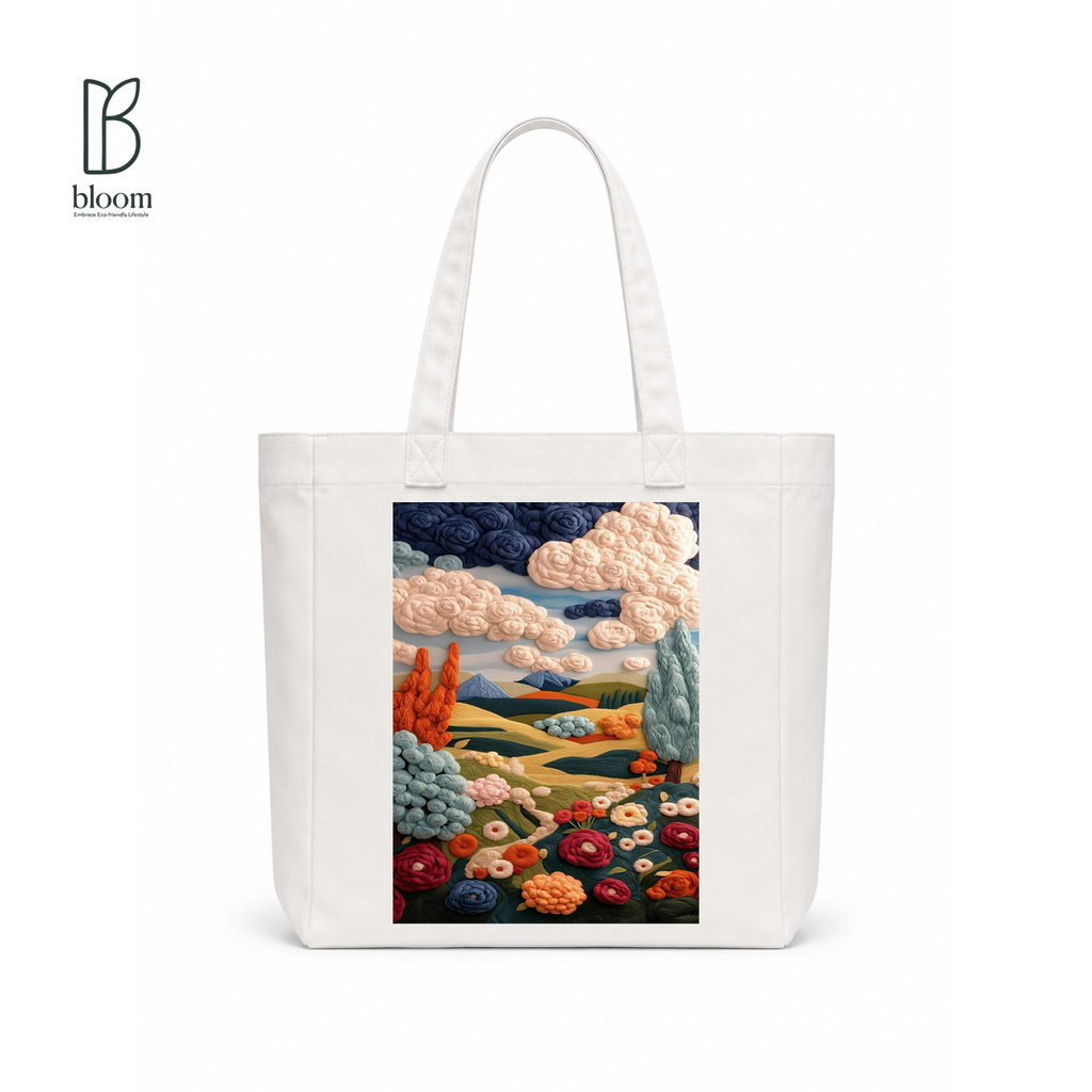 Embroidered Valley Bloom Canvas Tote Bag - Square White | Bloom Bags BD
