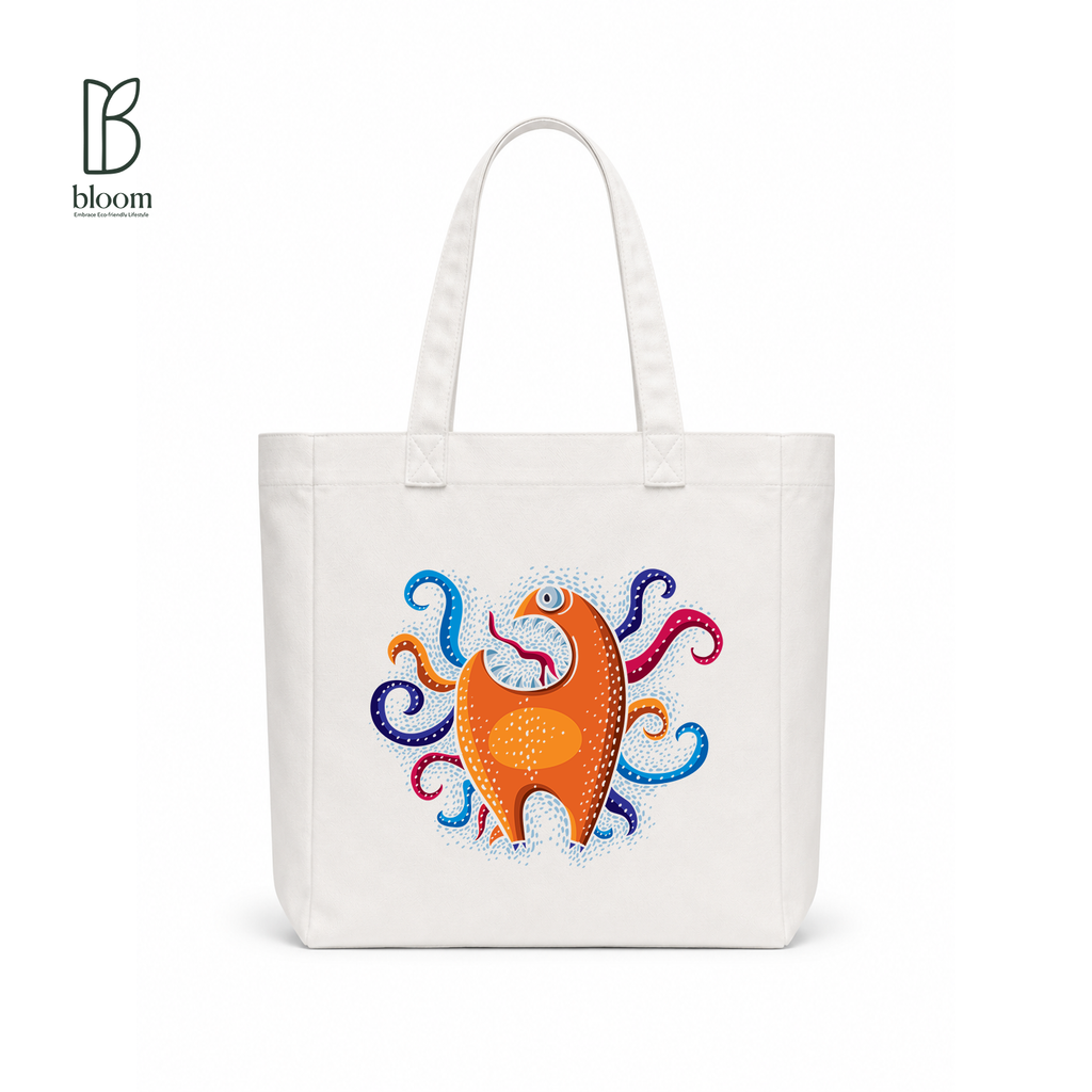 Whimsical Sea Creature Canvas Tote Bag - Square White | Bloom Bags BD