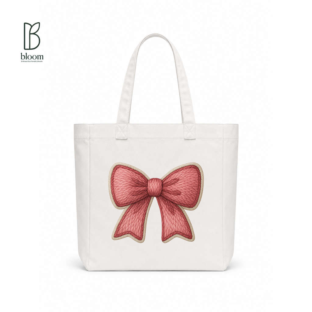 Red Ribbon Bow Canvas Tote Bag - Square White | Bloom Bags BD