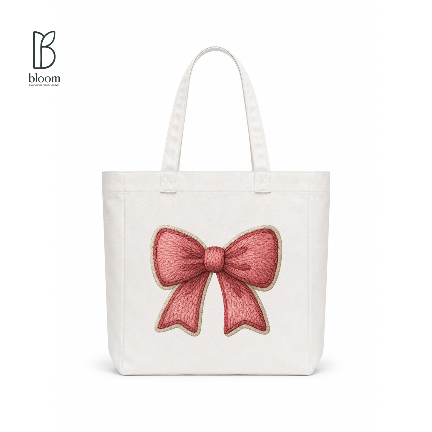 Red Ribbon Bow Canvas Tote Bag - Square White | Bloom Bags BD