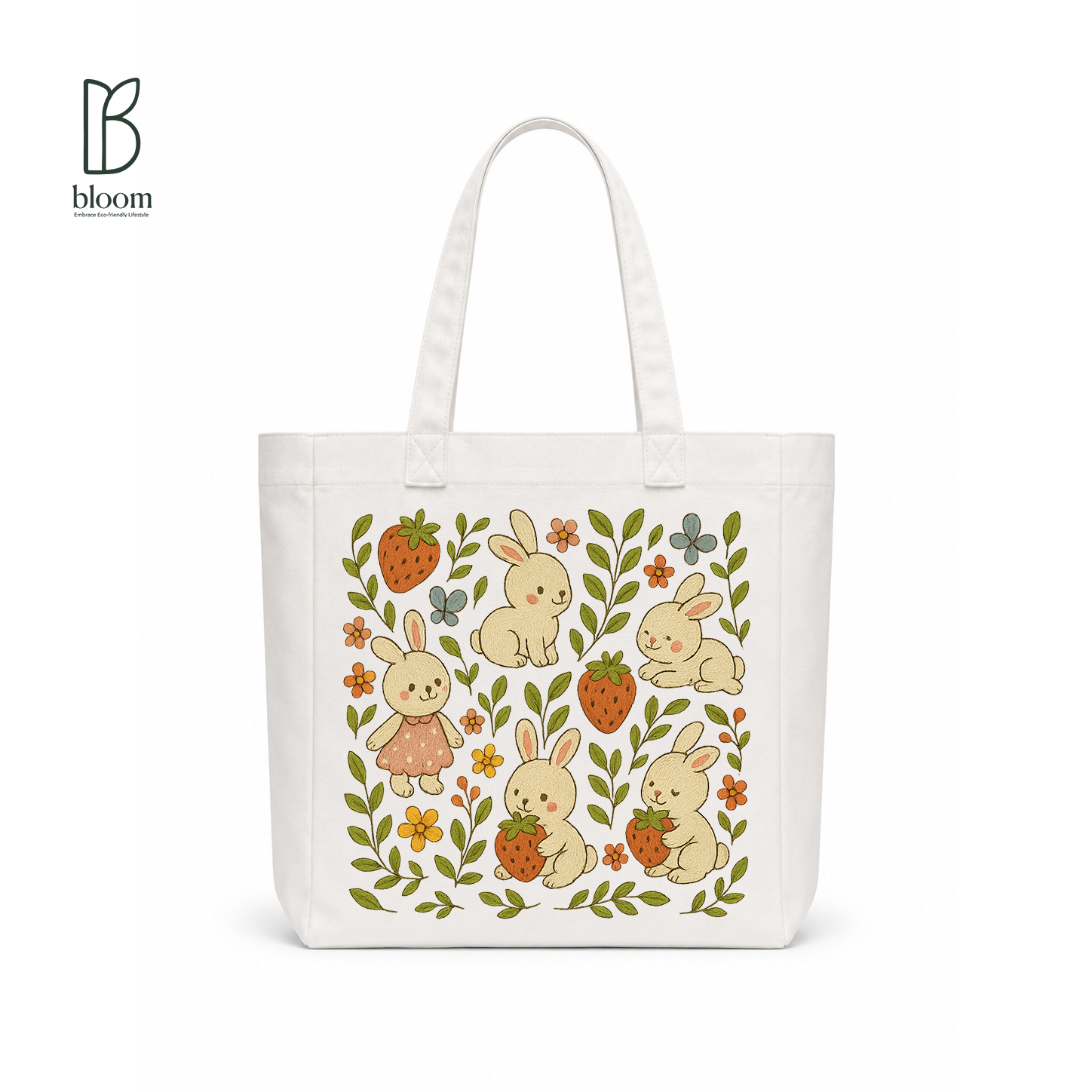 Bunny & Strawberry Meadow Canvas Tote Bag - Square White | Bloom Bags BD