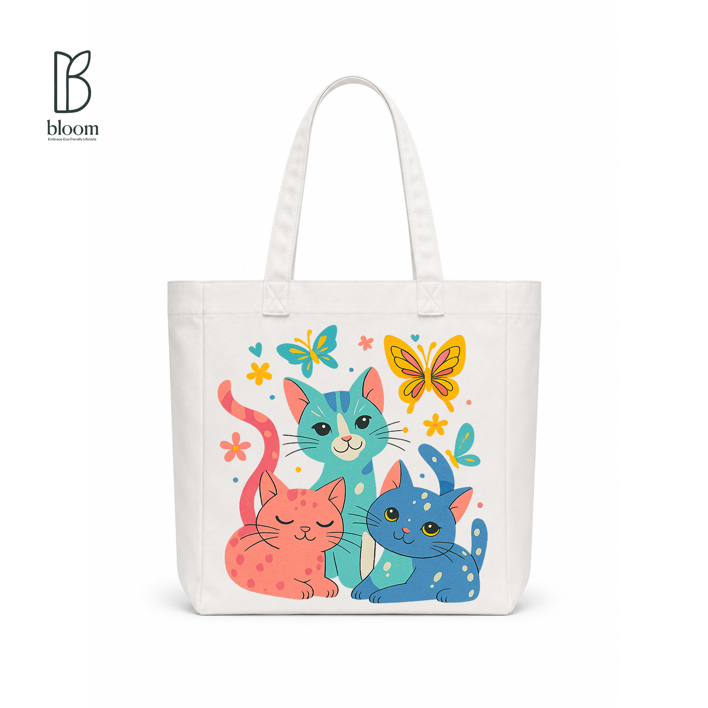 Three Kitties & Butterflies Canvas Tote Bag - Square White | Bloom Bags BD