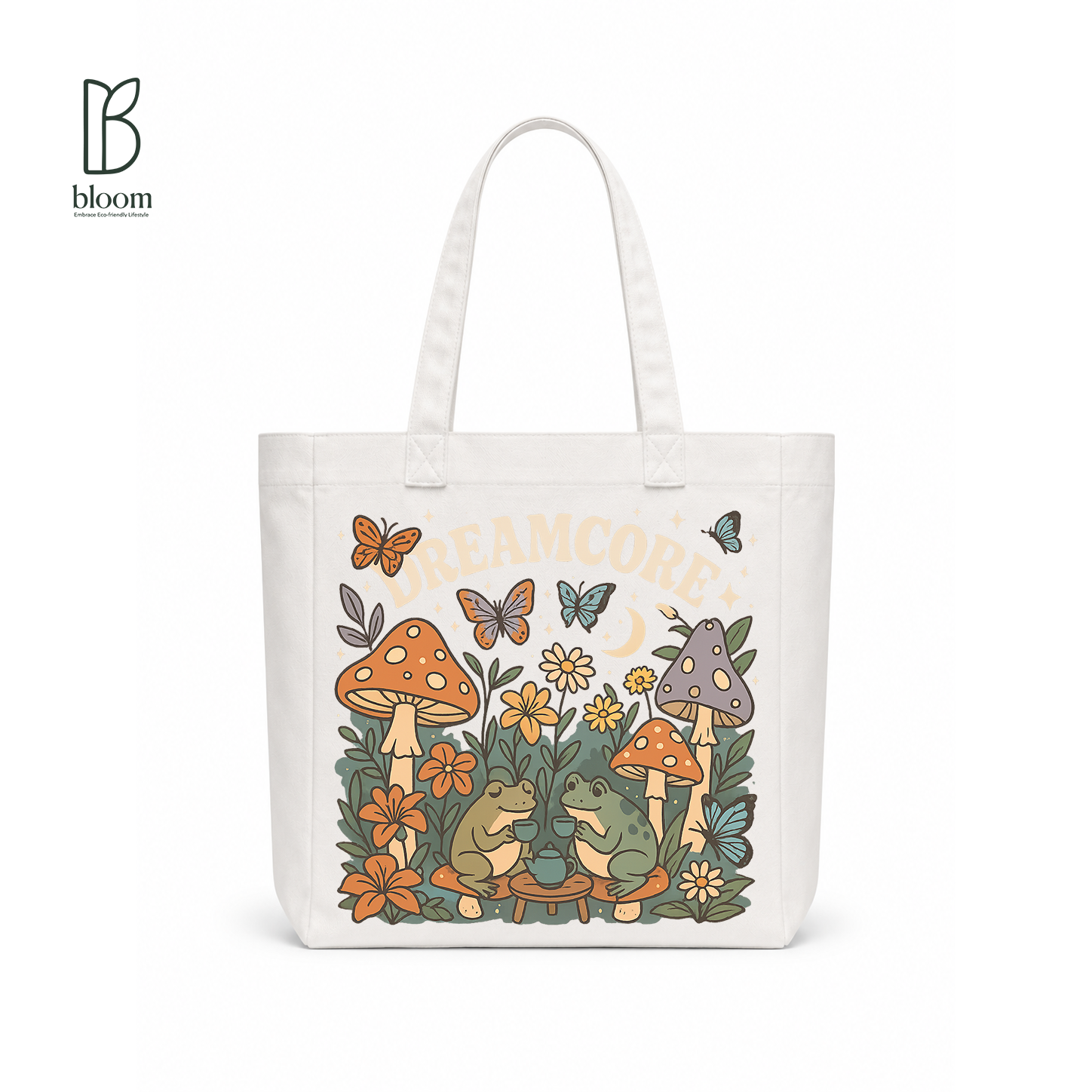 Dreamcore Frog Tea Party Canvas Tote Bag - Square White | Bloom Bags BD