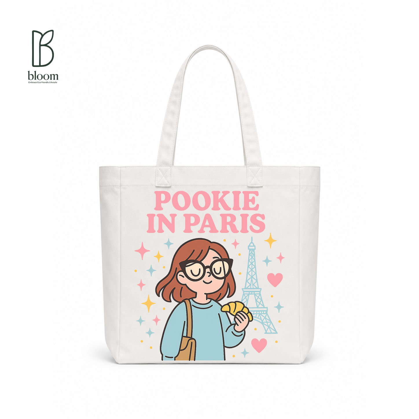 Pookie in Paris canvas tote bag - Square size, White, front view