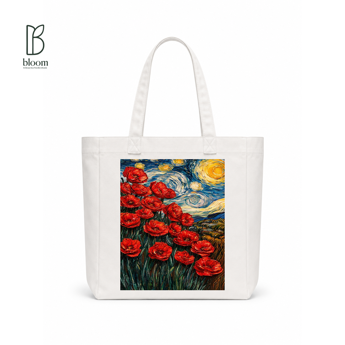 Starlit Poppies canvas tote bag - Square White | Bloom Bags BD