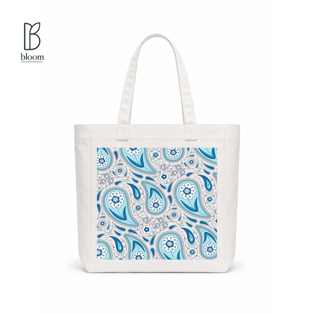 Indigo Paisley canvas tote bag - Square White | Bloom Bags BD