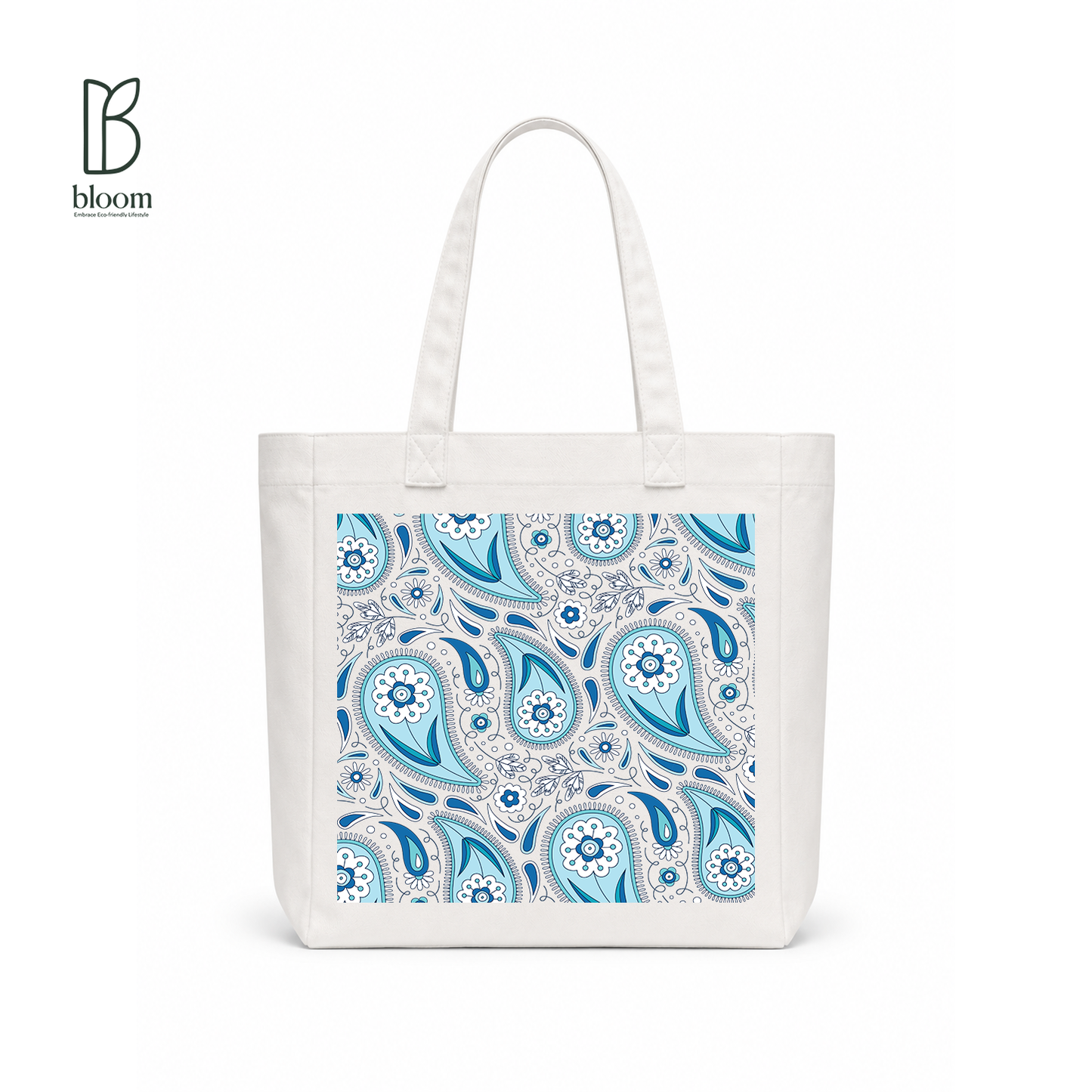 Indigo Paisley canvas tote bag - Square White | Bloom Bags BD