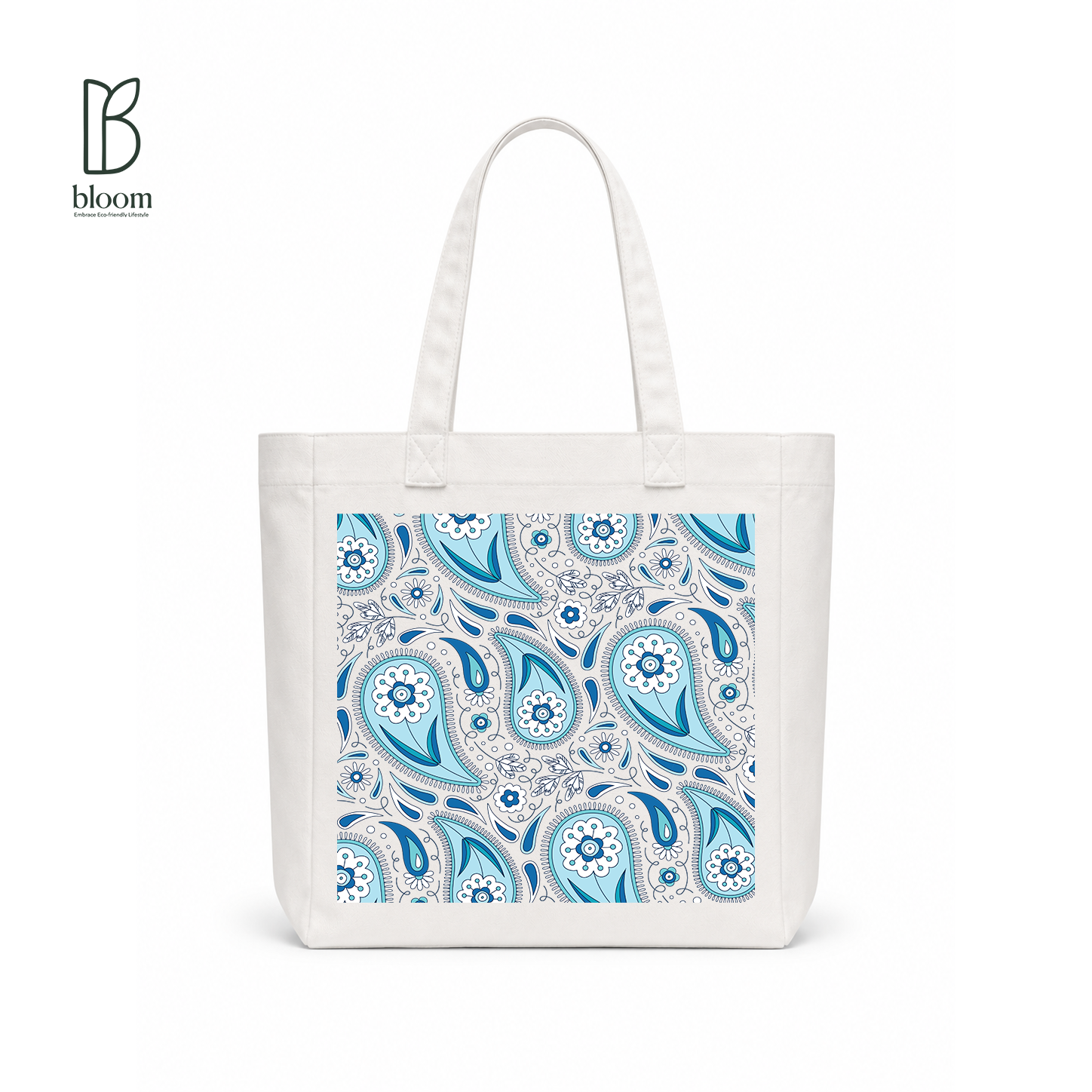 Indigo Paisley canvas tote bag - Square White | Bloom Bags BD