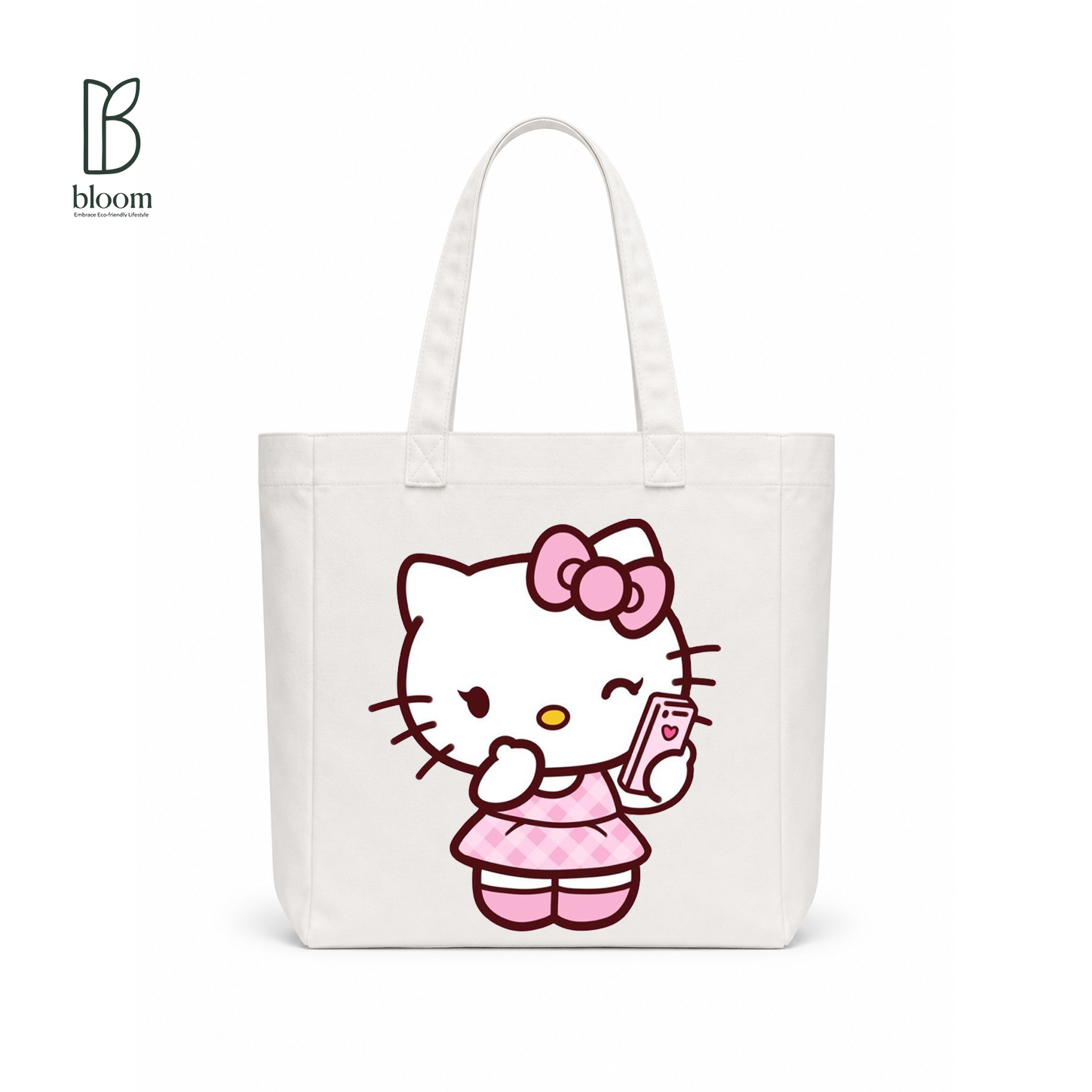 Kitty Selfie Moment Canvas Tote Bag - Square White | Bloom Bags BD