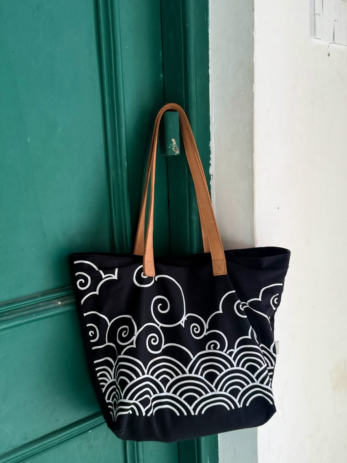 Kumo — Japanese Wave Print Tote Bag with Leather Handles